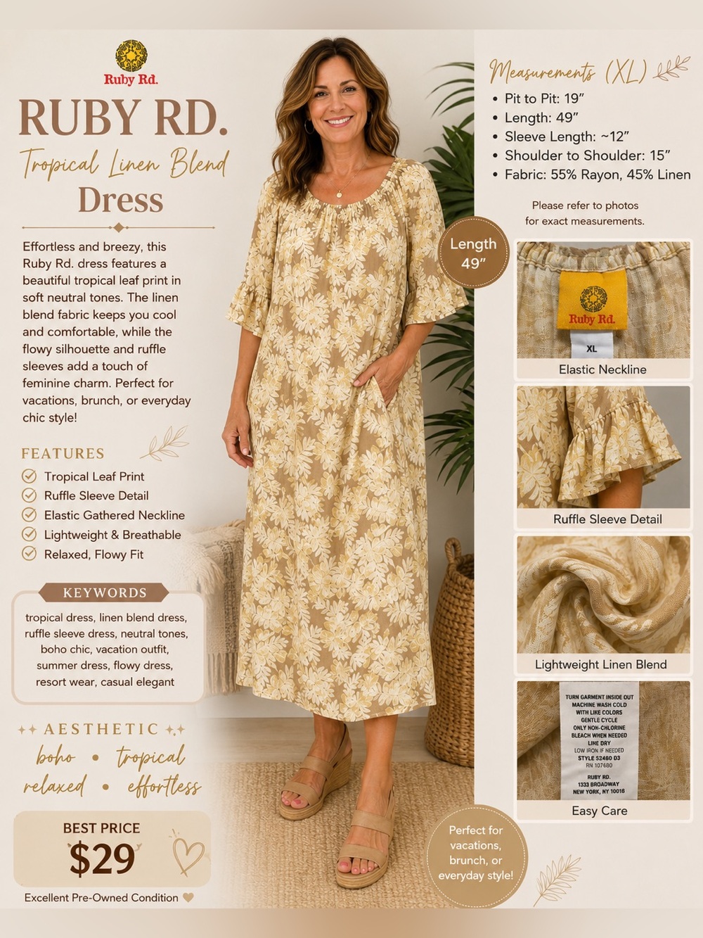 Ruby Rd. Beige and Cream Leaf-Print Tunic